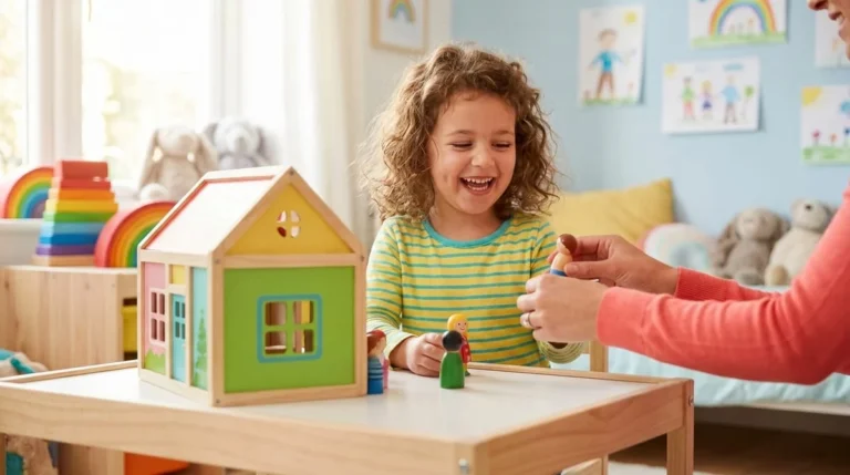 Joyful girl playing with a wooden dollhouse and family figures during a play therapy session at Alpha Child Therapy, Richmond Hill