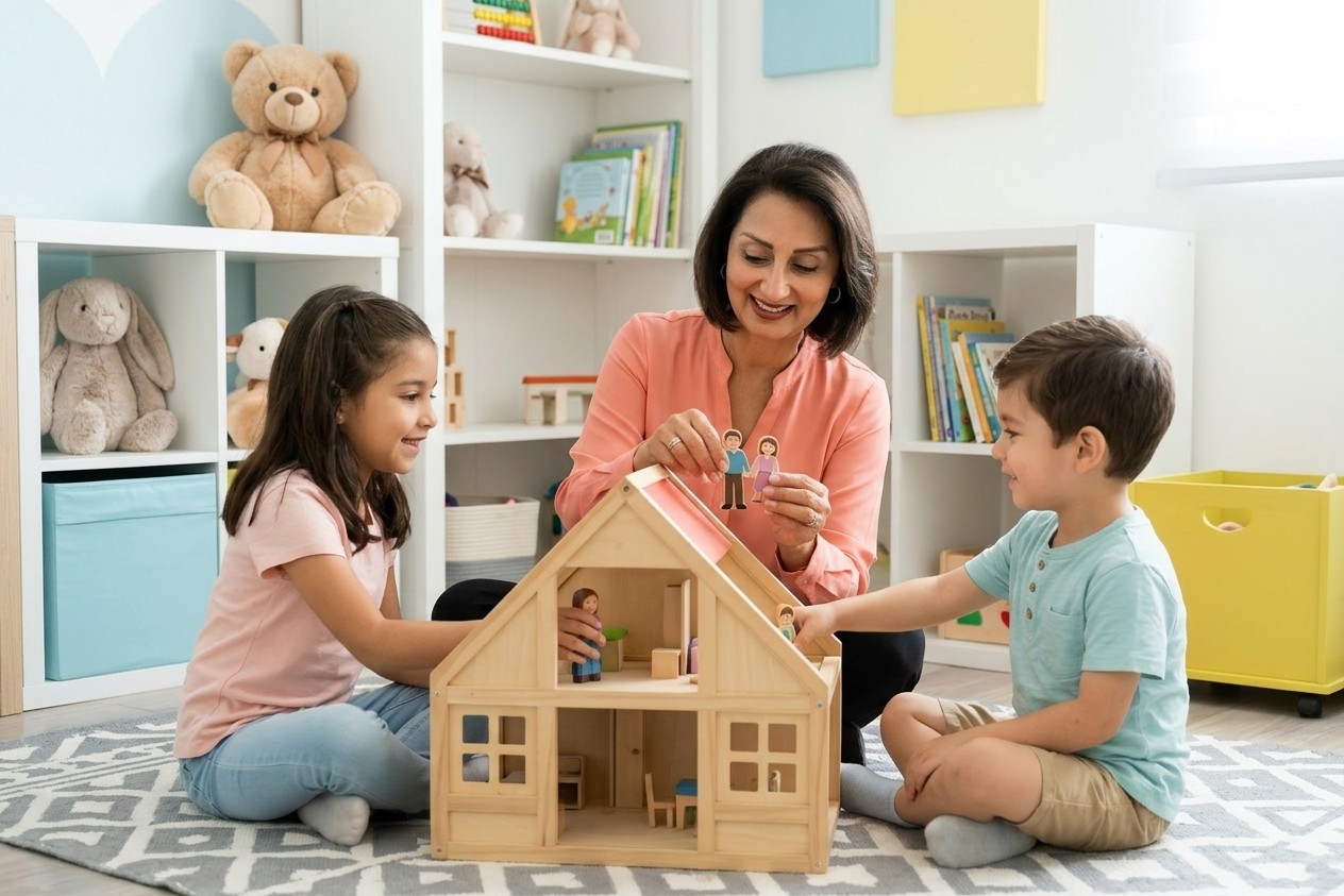 Shiva Movafaghian playing with a wooden dollhouse on the floor with a girl and a boy during a play therapy session