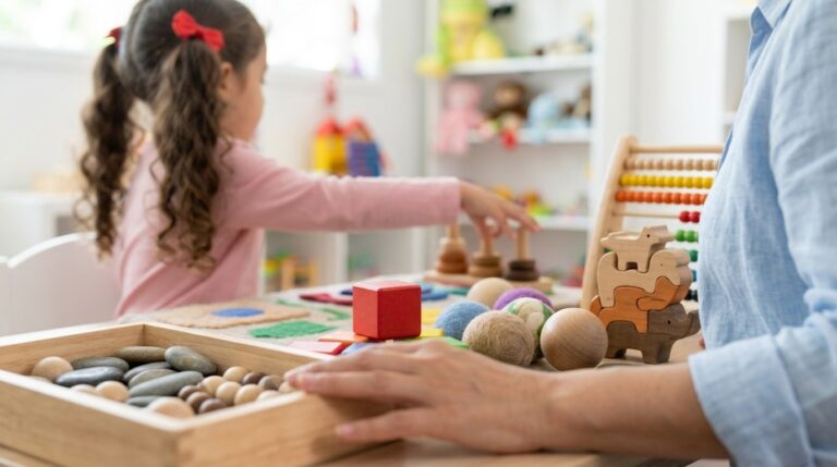 Child playing with wooden toys during a play therapy session at Alpha Child Therapy, Richmond Hill
