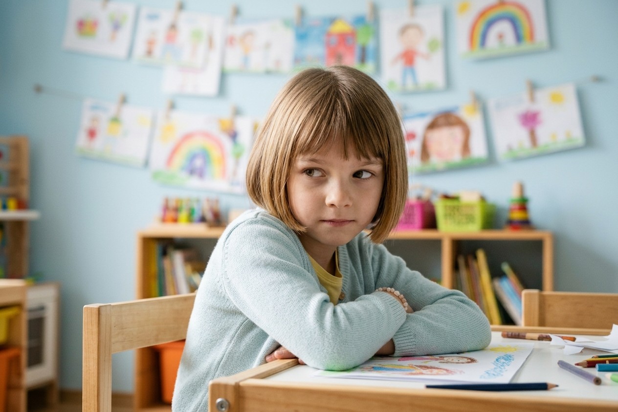 Shy girl covering her drawing at an art table, building self-confidence through child therapy