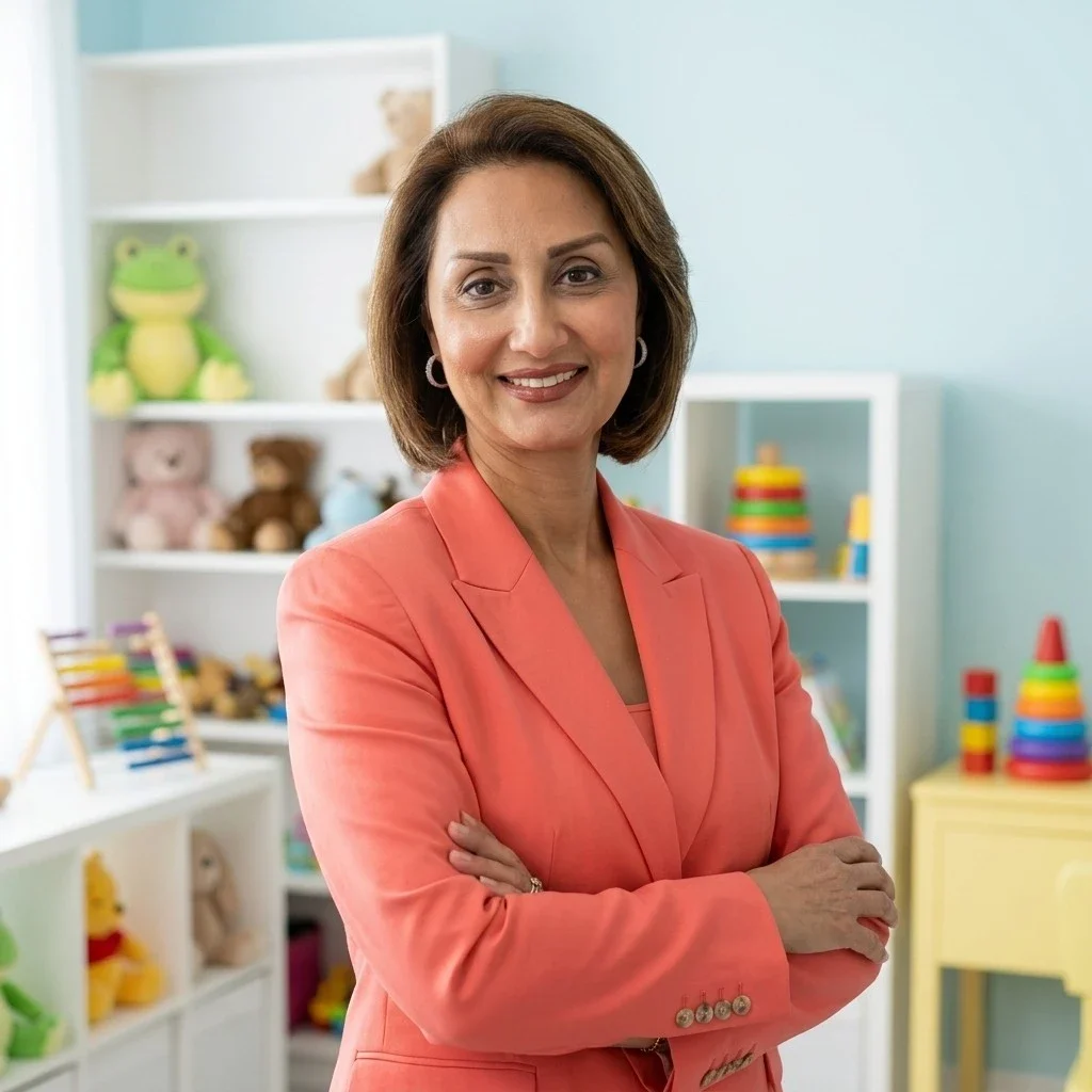 Shiva Movafaghian, Child and Youth Therapist and founder of Alpha Child Therapy, smiling in her playroom in Richmond Hill