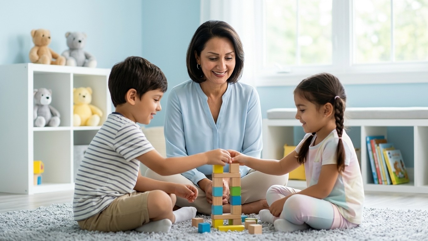Child and Youth Therapist Shiva Movafaghian sitting on the playroom floor building a block tower with a boy and a girl at Alpha Child Therapy, Richmond Hill