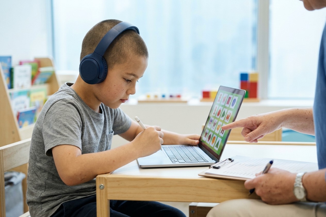 Girl wearing headphones playing a cognitive brain game on a tablet during a technological assessment at Alpha Child Therapy, Richmond Hill