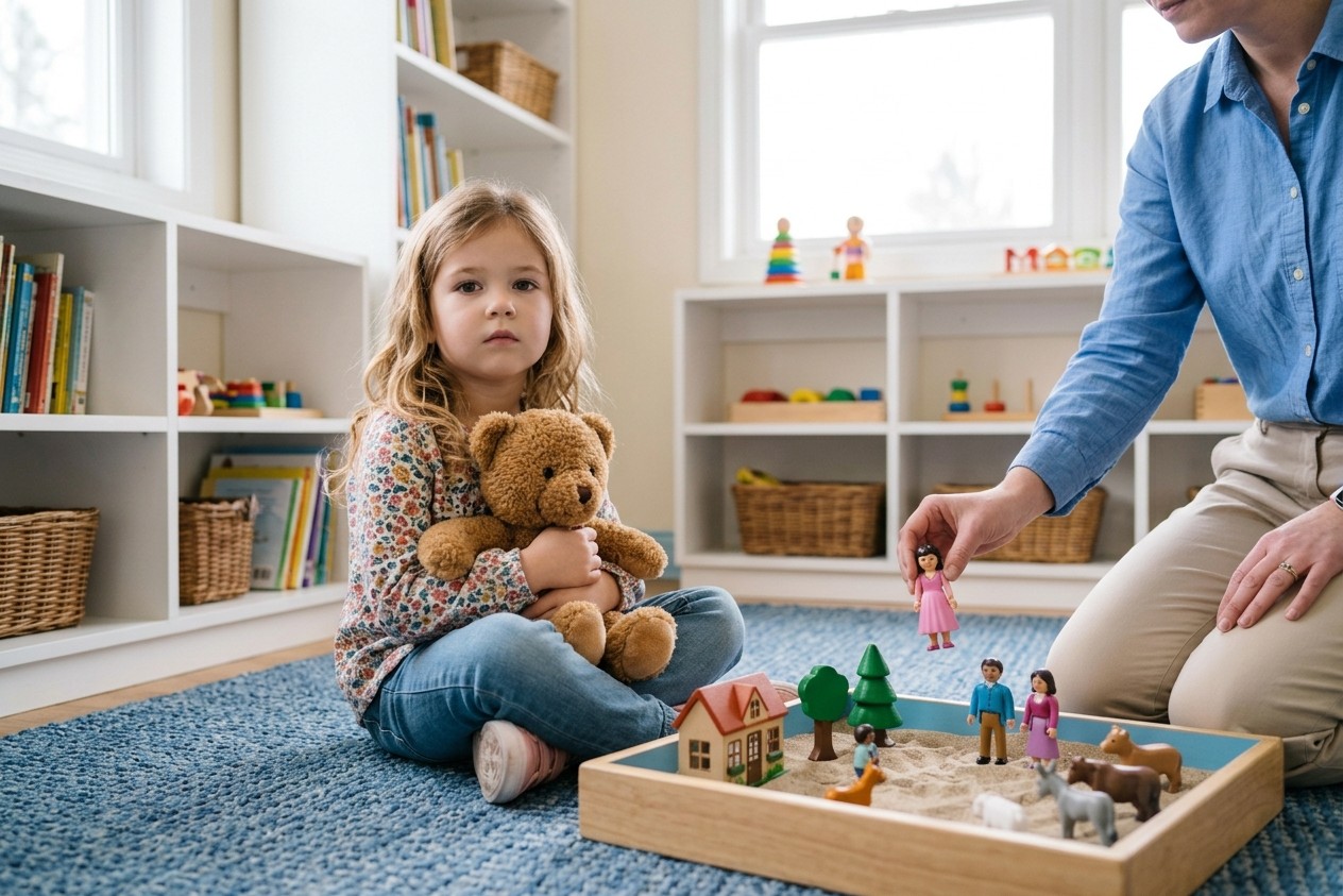 Withdrawn girl hugging a teddy bear beside an untouched sand tray while a therapist gently offers a figure, illustrating childhood trauma support